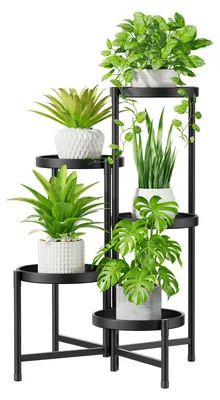 Produktbild von Großer 5-stöckiger Pflanzenständer aus Metall, Blumenständer, Pflanzenregal, Blumenregal für drinnen und draußen, faltbares Pflanzenregal für drinnen, Garten, Balkon, Wohnzimmer (rund, schwarz)
