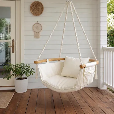 Produktbild von Sekey Hängesessel Hängestuhl Hängeschaukel mit Kissen bis 120 kg Hängesitz mit Seitentasche Garten Terrasse Wohnzimmer Indoor Outdoor stabil