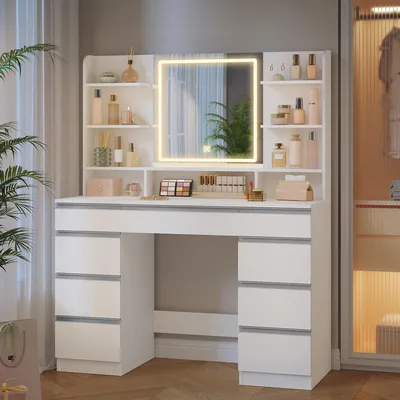 Zdjęcie produktu dla Stolik do makijażu - toaletka - stolik do wizazu - toaletka do makijażu - biurko do makijażu - biały - 9 szuflad i 9 otwartych przegródek