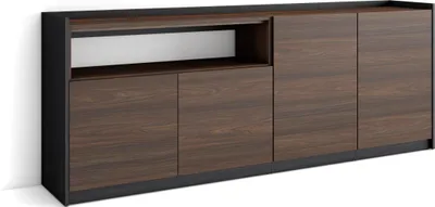 Image de Buffet salon et cuisine, Meuble de Rangement, Commode, 207x37x80cm, 4 Portes, Meuble chaussure, Chêne foncé et Noir