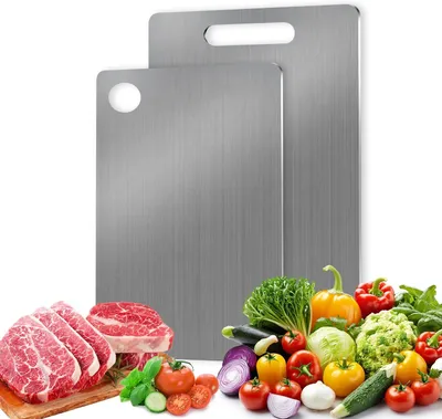 Imagen del producto de Tablas de cortar de titanio de doble cara, fabricadas en acero inoxidable, paquete de 2, ideales para la cocina y la barbacoa