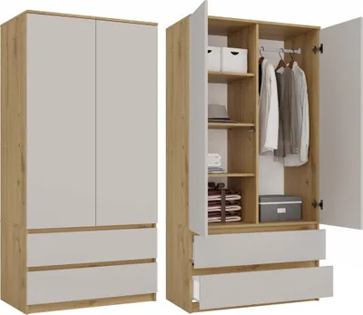 A two-part image showing a closed wardrobe on the left and an open wardrobe on the right, displaying its interior.