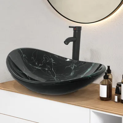 Produktbild von Puluomis Waschbecken Glas Aufsatzwaschbecken Waschschale Oval 53x35x16cm mit Wasserhahn, Ablaufgarnitur, heiße und kalte Wasser Linien Schwarz