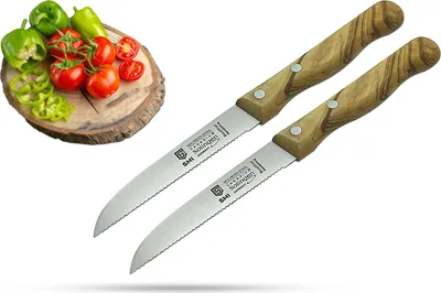 Produktbild von SMI 2 Stück Tomatenmesser - Solingen Gemüsemesser mit Wellenschliff, Edelstahl, Olivenholzgriff, Obstmesser & Brotmesser, Nicht spülmaschinenfest