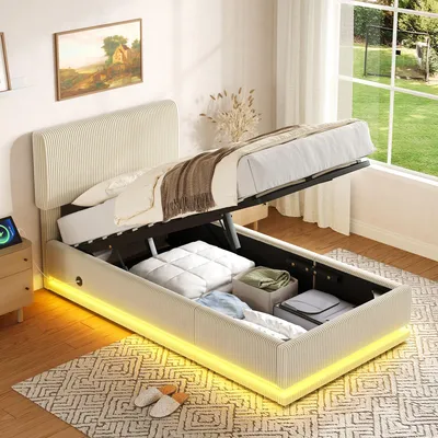 Image de Lit rembourré LVHOM 90 x 200 cm avec coffre de rangement, lit simple en velours côtelé avec sommier à lattes, LED et USB-C, lit hydraulique pour adolescent avec tête de lit réglable, beige