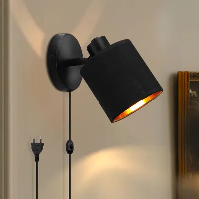 Wandlampe mit Schalter, schwarz, dimmbar, Retro, drehbar, Stoffschirm, E27