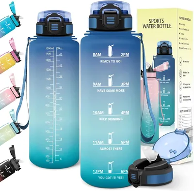 Produktbild von Trinkflasche 1.5 l, Blau und grün, Sportflasche mit Trinkhalm und Zeitmarkierung, für Fitness