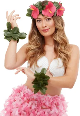 Produktbild von Hula-Tänzerin-Accessiore-Set Hawaii-Kostüm-Kit für Erwachsene 3-teilig grün-pink