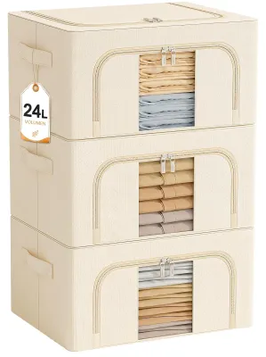Imagen del producto de GoMaihe: Contenedores de almacenamiento para ropa con estructura de metal, color beige, 3 unidades de 24 litros cada una