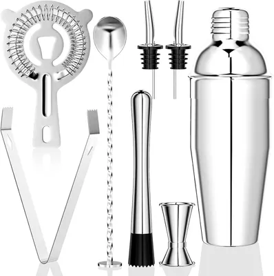 Immagine prodotto di Set per cocktail - 750 ml - 8 pezzi - Miscelatore in acciaio inossidabile - Accessori professionali per barman - Shaker - Misurino doppio - Cucchiaio - Pestello
