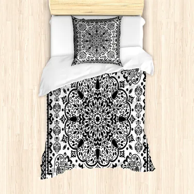 Produktbild von ABAKUHAUS Ethnisch Bettbezug Set für Einzelbetten, Monochrom Mandala Blumen, Milbensicher Allergiker geeignet mit Kissenbezug, Anthrazit grau Eierschalenfarben