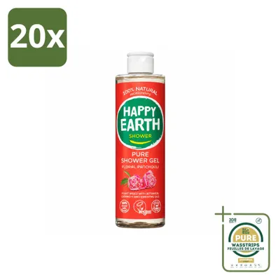 Imagen del producto de 20 unidades de gel de ducha "Happy Earth" con aroma floral de pachulí, 100% natural, 300 ml. Pack ahorro