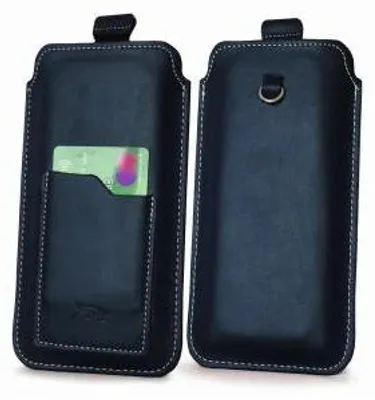 Produktbild von Universal Leder Handyhülle zum Einstecken LURESKO ASTER XXXL, mit Öse für Handykette, für Handys von 6,5 bis 6,9 Zoll, Marineblau mit weißer Naht