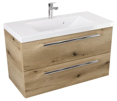 Produktbild von ATHD Wandhängender Waschtischunterschrank mit Waschbecken 80 cm - Evoke Matt Eiche - Chromgriffe