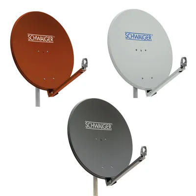 Three satellite dishes in different colors are shown against a white background.
