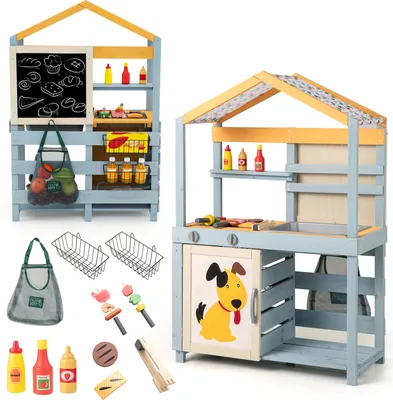 Produktbild von DREAMADE 3-in-1 Matschküche, Kinder Rollenspiel mit Lebensmittelgeschäft, Spielküche, Tafel, Aufbewahrungskörbe & Drehknöpfe, für Kinder ab 3 Jahren