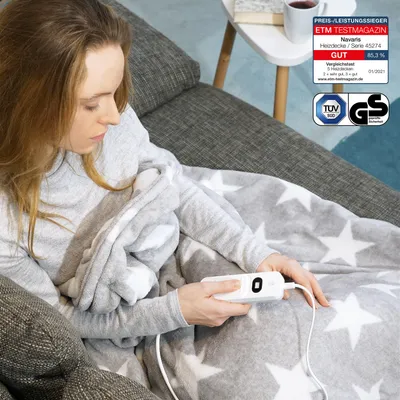 Produktbild von Navaris XXL Elektrische Wärme Heizdecke - 180x130cm 3 Wärmestufen Abschaltautomatik waschbar - Kuschelige Bett Wärmedecke Hellgrau