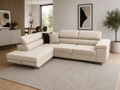 Produktbild von L-Form Sofa Aston, Modern Couch mit Bettkasten, Weiches Ecksofa fürs Wohnzimmer, 275x202x90 cm, Schlaffunktion, Beige, Links, KI-generiertes Bild
