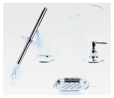 Produktbild von Badezimmer Zubehör Set aus Kunststoff mit Lotionspender, Mülleimer, Zahnbürstenhalter, Zahnputzbecher, Toilettenbürste und Seifenschale