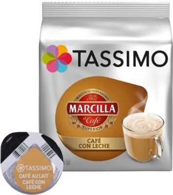 A package of Tassimo Marcilla Cafe Con Leche coffee pods, with a single pod and a prepared cup of coffee shown.