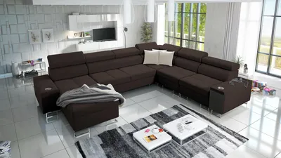 Produktbild von Riesensofa XXL Sofa Wohnzimmer Couch MOREN VIII Big Sofa Ecksofa Ottomane Links Eckcouch mit Schlaffunktion Braun Stoff SAWANA 26