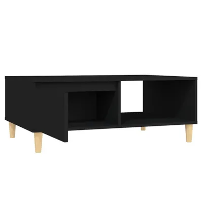 A black coffee table with wooden legs against a white background.