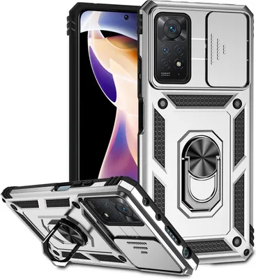 A silver and black phone case with a sliding camera cover and a ring holder is displayed against a white background. Another view of the case is shown in the foreground, propped up by its ring holder.