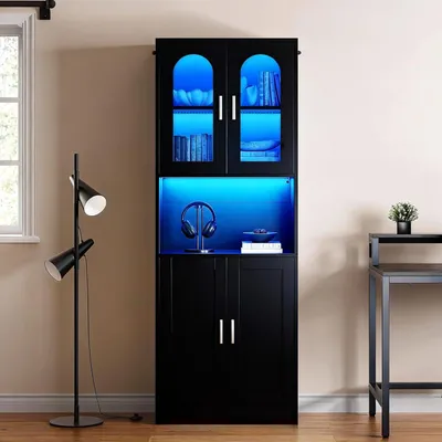 Produktbild von Bücherschrank mit LED, Bücherregal Aufbewahrungsschrank mit 4 Türen, Küchenschrank, 60x30x170 cm, Schwarz