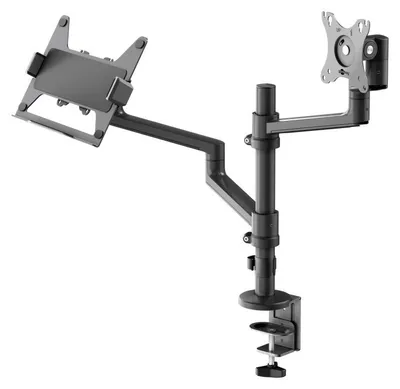 Immagine prodotto di Goobay 74417 Supporto per monitor Basic Deluxe con braccio per laptop, nero - Stazione di lavoro per monitor da 17 a 32 pollici (43 - 81 cm), monitor max. 8 kg/laptop 5 kg, montaggio semplice a scatto
