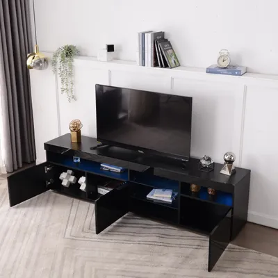 Produktbild von STILVORA TV-Schrank mit LED-Beleuchtung, TV-Lowboard mit Hochglanzplatte und Glaslaminat, 3 Türpaneele mit drei Schichten, Schwarz