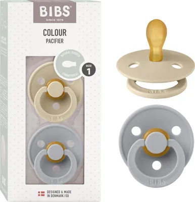 Produktbild von BIBS Colour Symmetrical Schnuller 2er Pack, BPA-frei Dummy-Schnuller, Symmetrischer Nippel. Naturkautschuk / Latex, Hergestellt in Dänemark. Größe 1 (0-6 Monate), Vanilla / Cloud