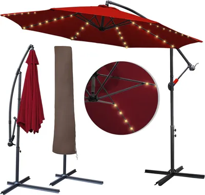 Image de TolleTour Parasol de jardin 3,5 m avec éclairage LED solaire et housse de protection, parasol à pied déporté, protection UV 40+, parasol d'extérieur pour terrasses, rouge, 3,5 m
