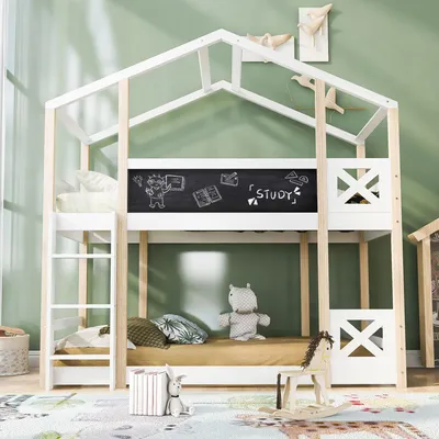 Produktbild von Baumhaus Kinderbett Hochbett 90 x 200 cm in Natur und Weiß, mit praktischer Leiter und zwei Lattenrosten, komfortables und stabiles Kinderhochbett