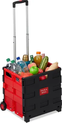 Produktbild von 2 x Einkaufstrolley klappbar im Set, Teleskop-Griff, 2 Gummi Rollen, bis 35 kg, Shopping Trolley, Aluminium, ABS, rot