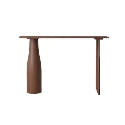 A wooden console table against a white background.