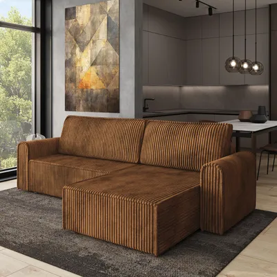 Produktbild von Masseno Ecksofa VALTINO mit Schlaffunktion L-Form, Sofa mit Bettkasten, Wohnzimmersofa, Couch, Soffa, Bettsofa, Couchgarnitur- Orange, TILIA 56