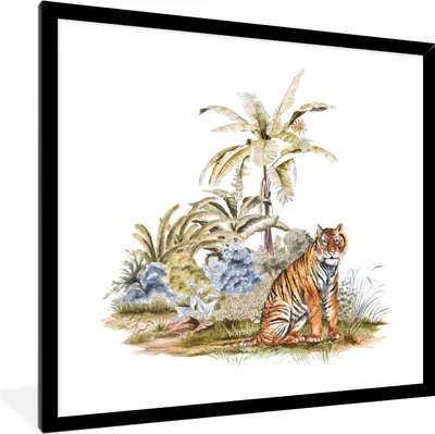 Produktbild von MuchoWow® MuchoWow® Gerahmtes Poster Tiger - Pflanzen - Baum 40x40 cm - Poster mit zchwarzem Bilderrahmen - Mit Rahmen - Wanddekoration Schlafzimmer