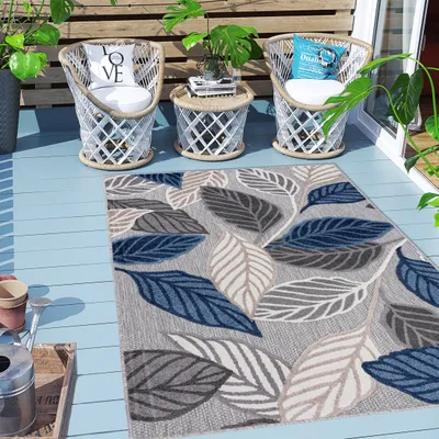 Produktbild von Mazovia Teppich - Blau Outdoor-Teppich Pflanze - Balkon, Terrasse, Patio, Pavillon - Kurzflor - Rechteckig - Stilvoller Moderne, Grau - 140x200 cm