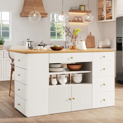 Immagine prodotto di Isola da cucina Flieks con 6 cassetti e sgabelli, carrello di servizio, mobile da cucina 140x40(70)x89 cm, bianco