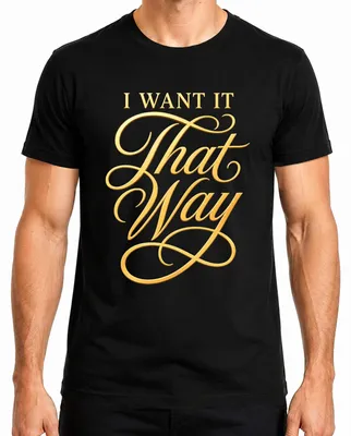 Zdjęcie produktu dla T-shirt męski, czarny, rozmiar M, z nadrukiem "I Want It That Way" w złotym kolorze, nawiązujący do muzyki pop lat 90. i boybandów