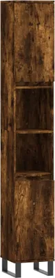A tall, narrow cabinet with a wood-like finish and metal legs, shown against a white background.