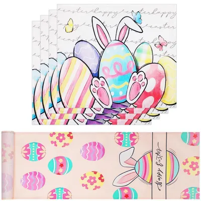 Productafbeelding van Paastafelkleed met 4 placemats, 183x33 cm, linnen, afwasbaar, met afbeeldingen van paashaasjes en paaseieren