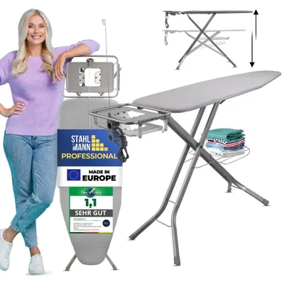 Produktbild von STAHLMANN® XXL-Bügelbrett für Dampfbügelstation [130x48 cm Bügelfläche] Bügeltisch höhenverstellbar 73-100 cm, Ablage 33x42 cm, bis 25 kg, Turbobezug 100% Baumwolle,  Europe