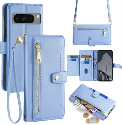 A collage of images showing a light blue phone case with wallet and strap features.