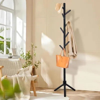 Produktbild von Ibenzoa® Kleiderständer aus Holz – 3‑fach höhenverstellbar, 8 Haken, schwarz, 42 x 180 cm, werkzeuglose Montage