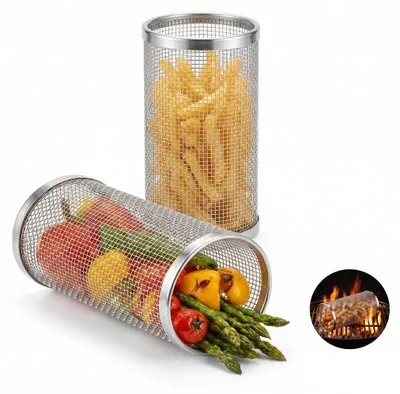 Produktbild von Grillkorb rollend 20 cm, BBQ Grillkäfig Edelstahl, Grillrolle für Gemüse, Pommes, Fisch & Fleisch, rostfrei & spülmaschinenfest, 2 Stück, KI-generiertes Bild