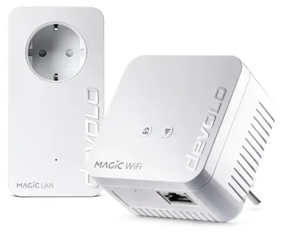 Produktbild von Devolo Magic 1 WiFi mini Starter Kit, 1200 Mbit/s, IEEE 802.11b, IEEE 802.11g, IEEE 802.11n, IEEE 802.1p, IEEE 802.3, IEEE 802.3az, IEEE 802.3u, IEEE..., Typ C, Schnelles Ethernet, 10,100 Mbit/s, Wi-Fi 4 (802.11n)