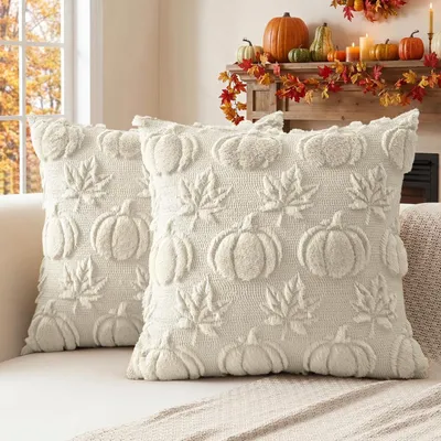 Produktbild von Kissenbezüge 2er Set Kürbis Ahornblatt 40x40 cm Beige Plüsch Samt