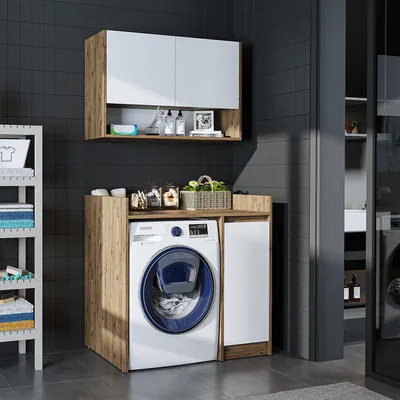 Image de Armoire de rangement pour lave-linge Roomart, 100 cm de large, chêne blanc