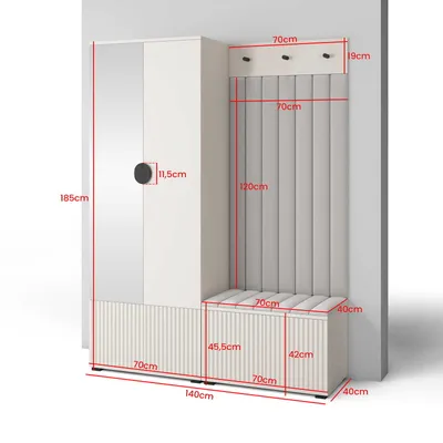 Produktbild von Garderoben-Set Ritmo Version 1 – gefräste Kleiderschrank mit Spiegel, mit Polsterplatten, Schuhschrank, für Eingangsbereich (Cashmere, Trinity 16)